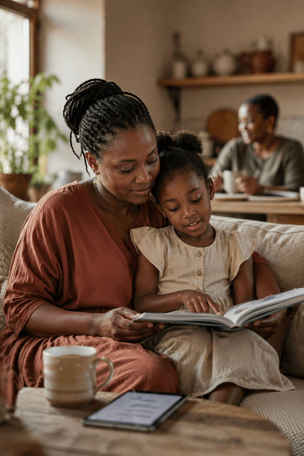 Parent reading a storybook with her child at home